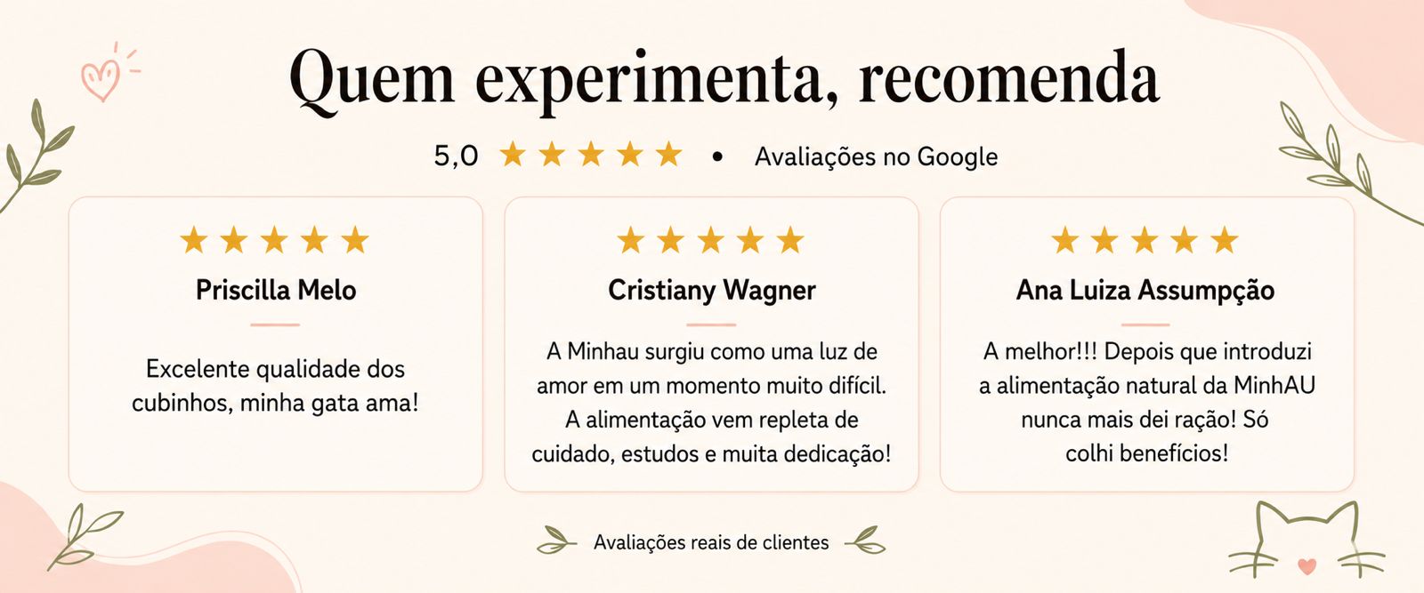 Avaliações reais cinco estrelas da MinhauCat no Google